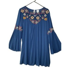 Blue Rain Embroidered Lined Peasant Boho Tunic Blouse Dress Bell Sleeve‎ Flowy L